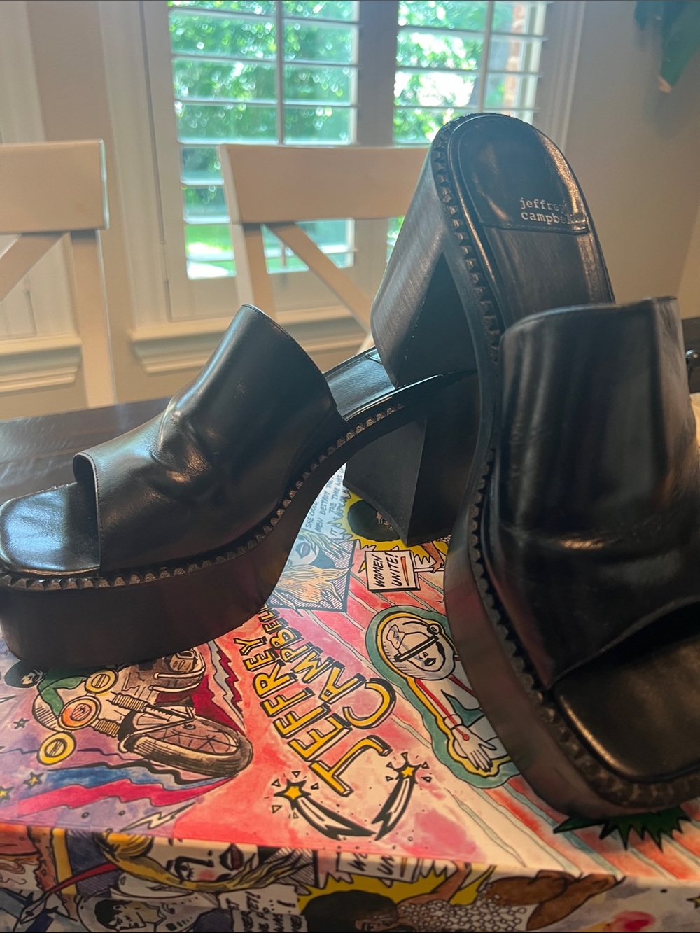 Jeffrey Campbell Black Leather Platform Open-Toe Mule Heels